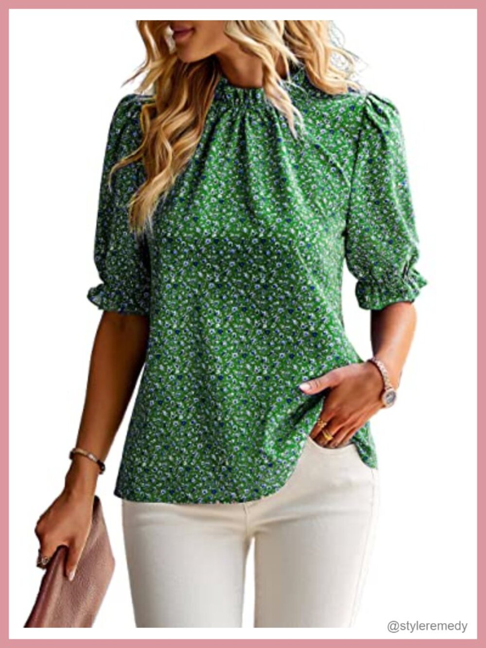 ZILIN Women's Boho Floral Ruffle Mock Neck Short Sleeve Blouse